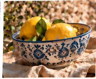 Fresh lemons in a blue and white ceramic bowl