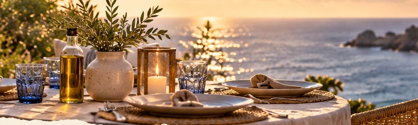 A Mediterranean table by the sea at sunset, with crockery, candles and plants